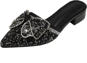 Women's Shiny Rhinestone Bow Chunky Heels Mules Fashion Comfortable Closed Pointed Toe Slip On Low Heel Slides Sandals for Party Date Wedding Dressy Clogs