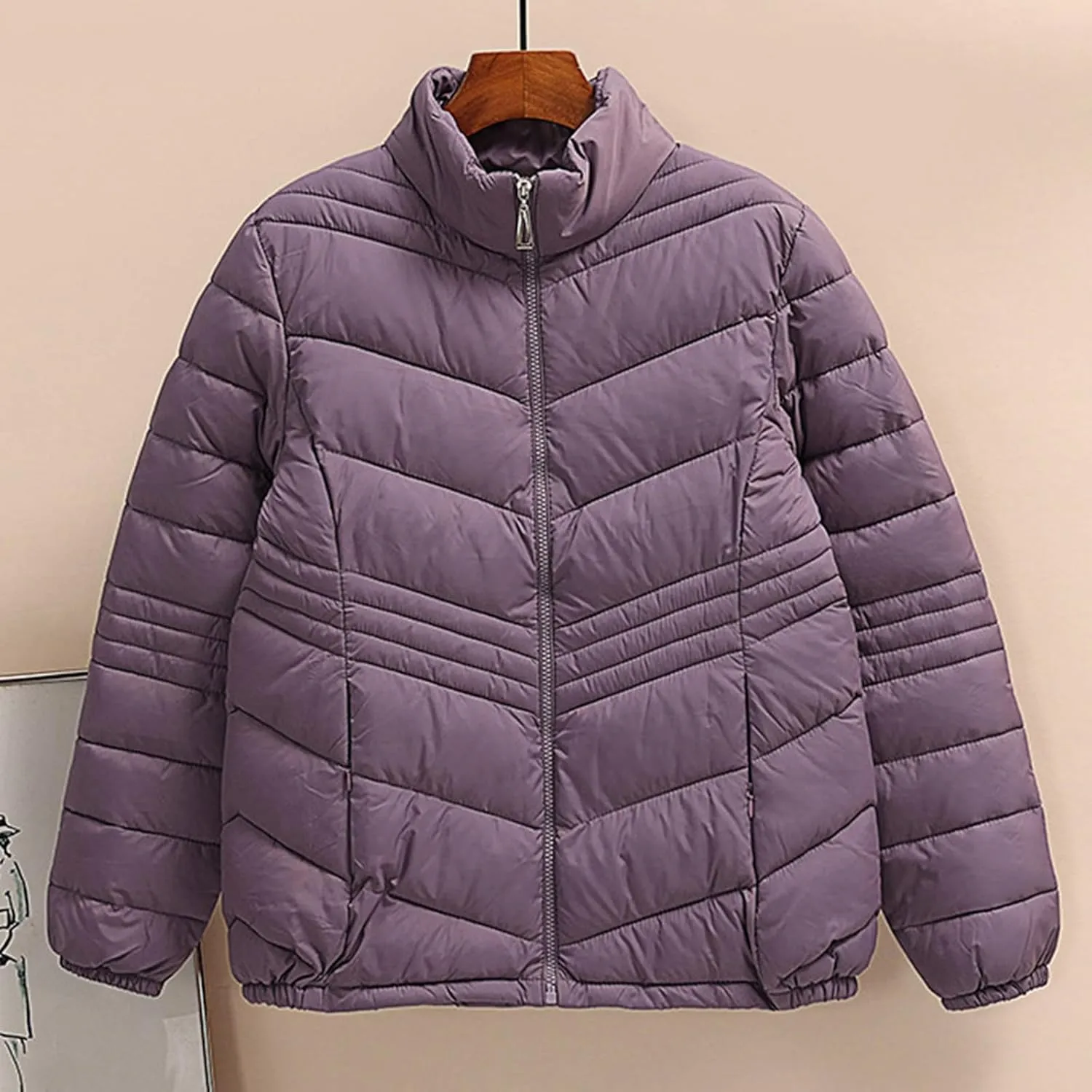 Women's Short Quilted Jackets Casual Stand Collar Zip Up Winter Down Puffer Jacket Padded Outerwear Coats with Pocket