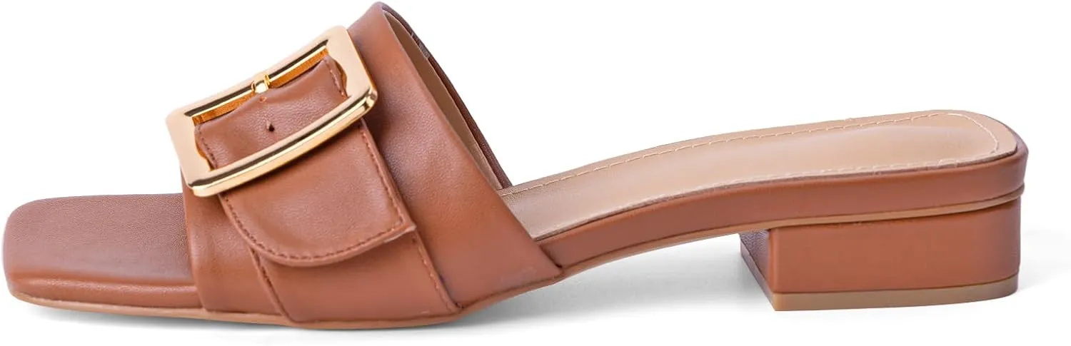 Women's Slide Heeled Sandals Opened Square Toe Chunky Block Heel Slippers with Buckle Slip on Casual Comfortable Pumps