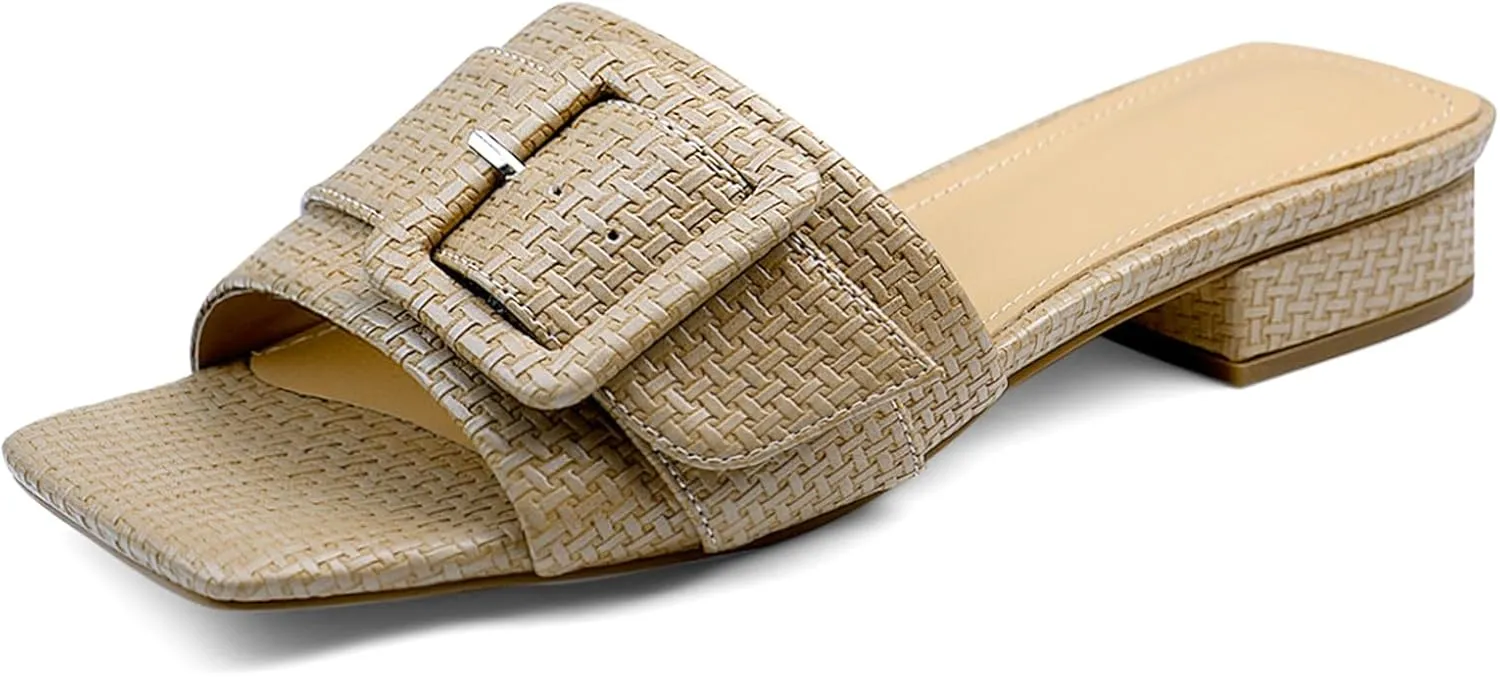 Women's Slide Heeled Sandals Opened Square Toe Chunky Block Heel Slippers with Buckle Slip on Casual Comfortable Pumps