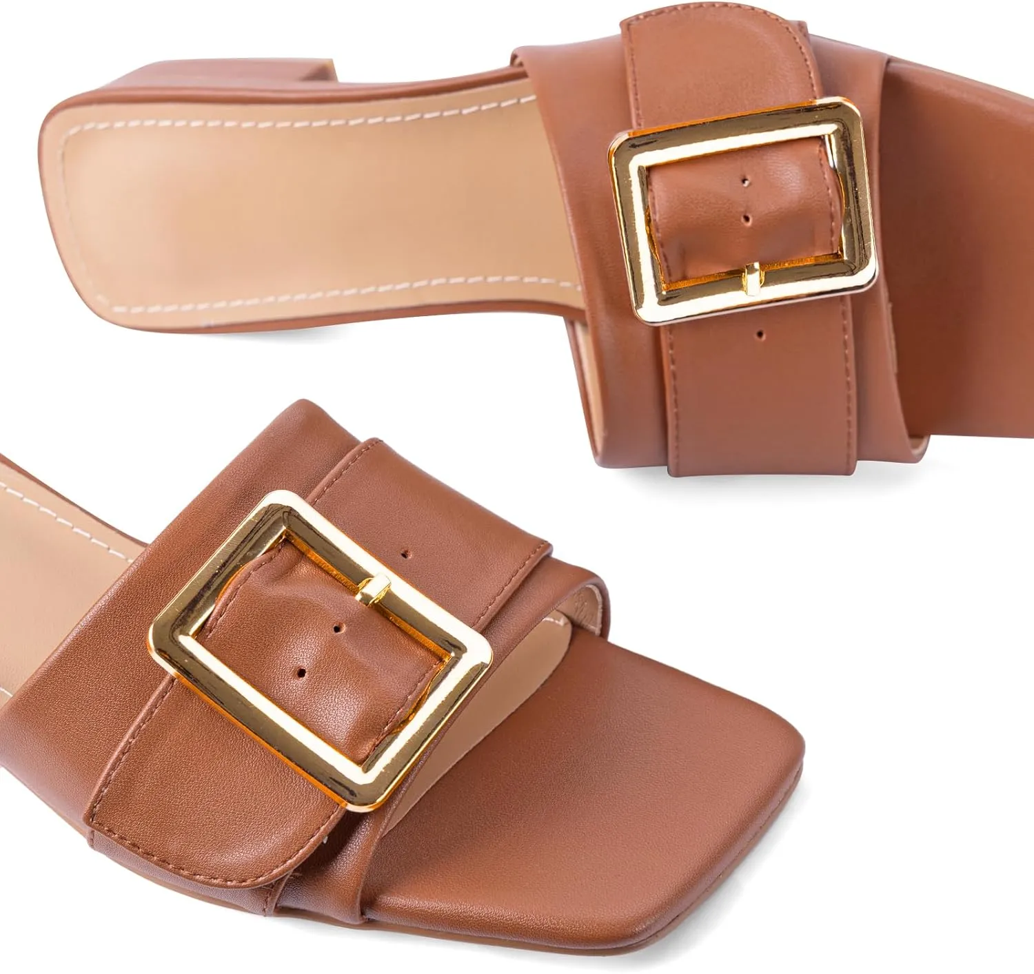 Women's Slide Heeled Sandals Opened Square Toe Chunky Block Heel Slippers with Buckle Slip on Casual Comfortable Pumps