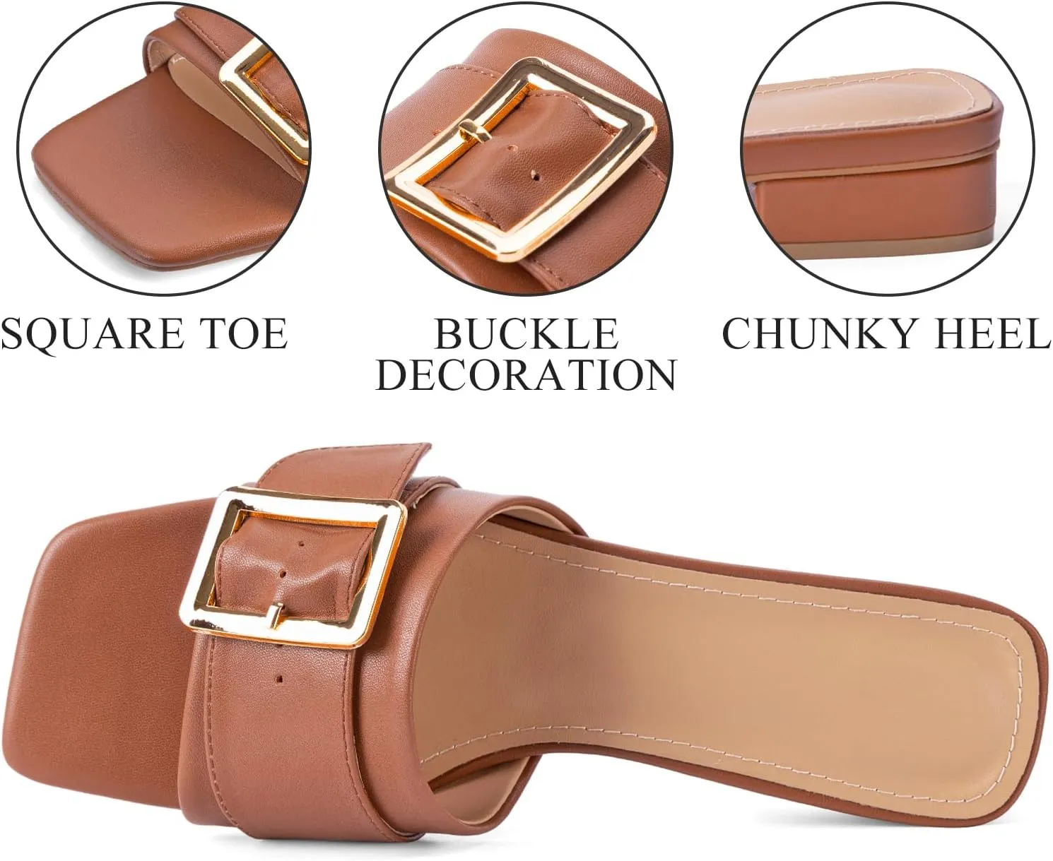 Women's Slide Heeled Sandals Opened Square Toe Chunky Block Heel Slippers with Buckle Slip on Casual Comfortable Pumps