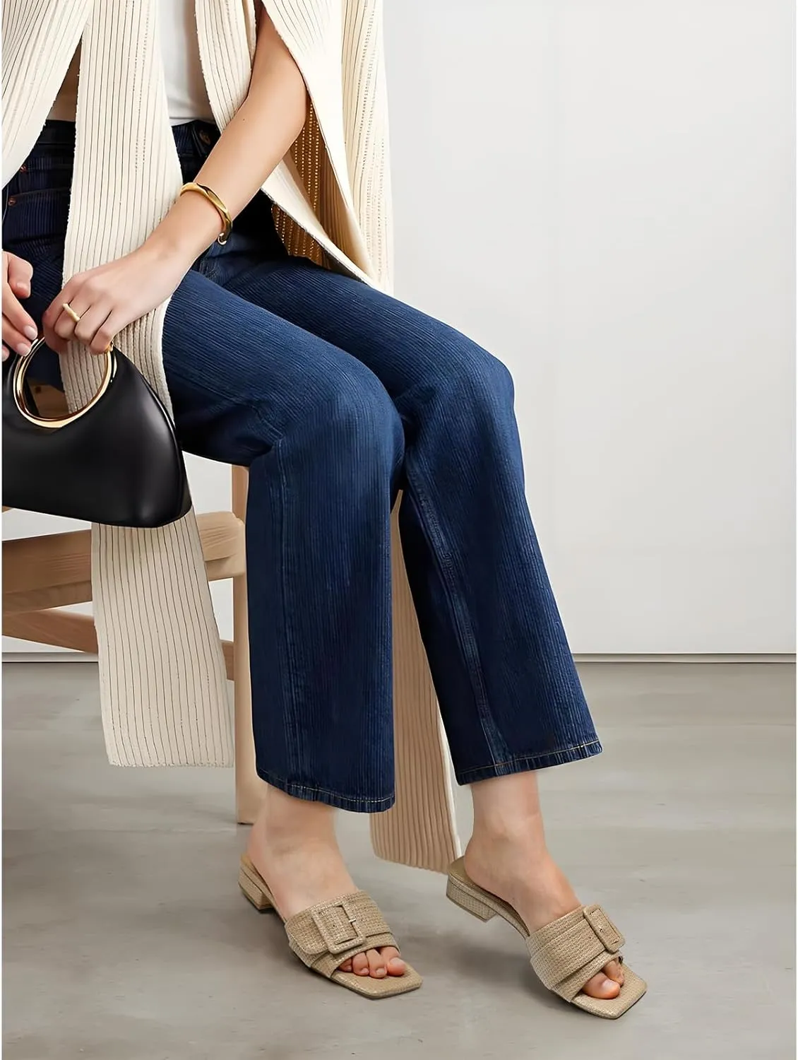 Women's Slide Heeled Sandals Opened Square Toe Chunky Block Heel Slippers with Buckle Slip on Casual Comfortable Pumps