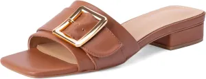 Women's Slide Heeled Sandals Opened Square Toe Chunky Block Heel Slippers with Buckle Slip on Casual Comfortable Pumps