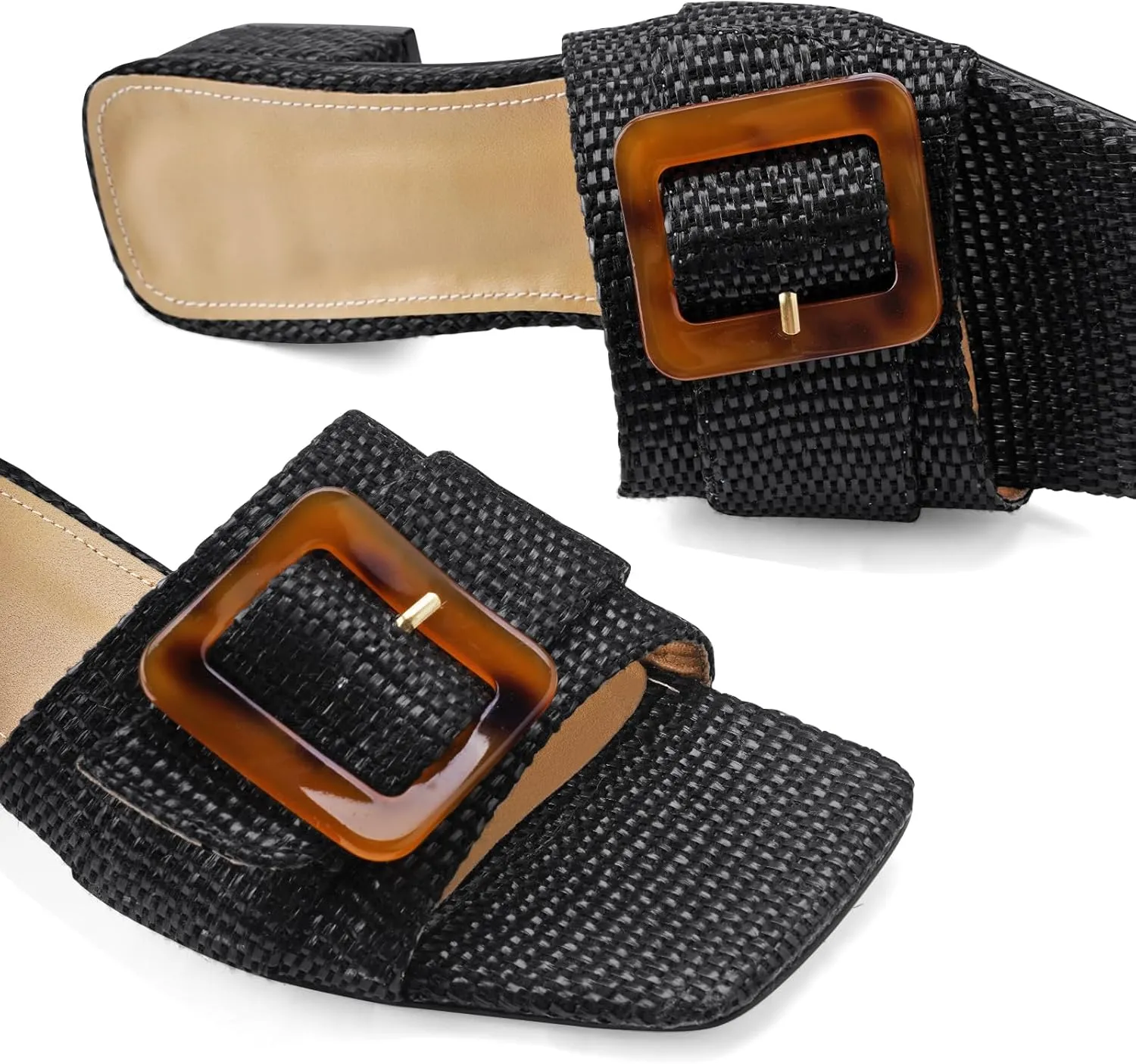 Women's Slide Heeled Sandals Opened Square Toe Chunky Block Heel Slippers with Buckle Slip on Casual Comfortable Pumps