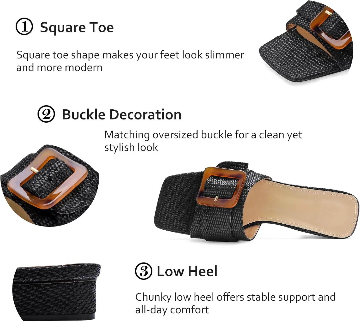 Women's Slide Heeled Sandals Opened Square Toe Chunky Block Heel Slippers with Buckle Slip on Casual Comfortable Pumps