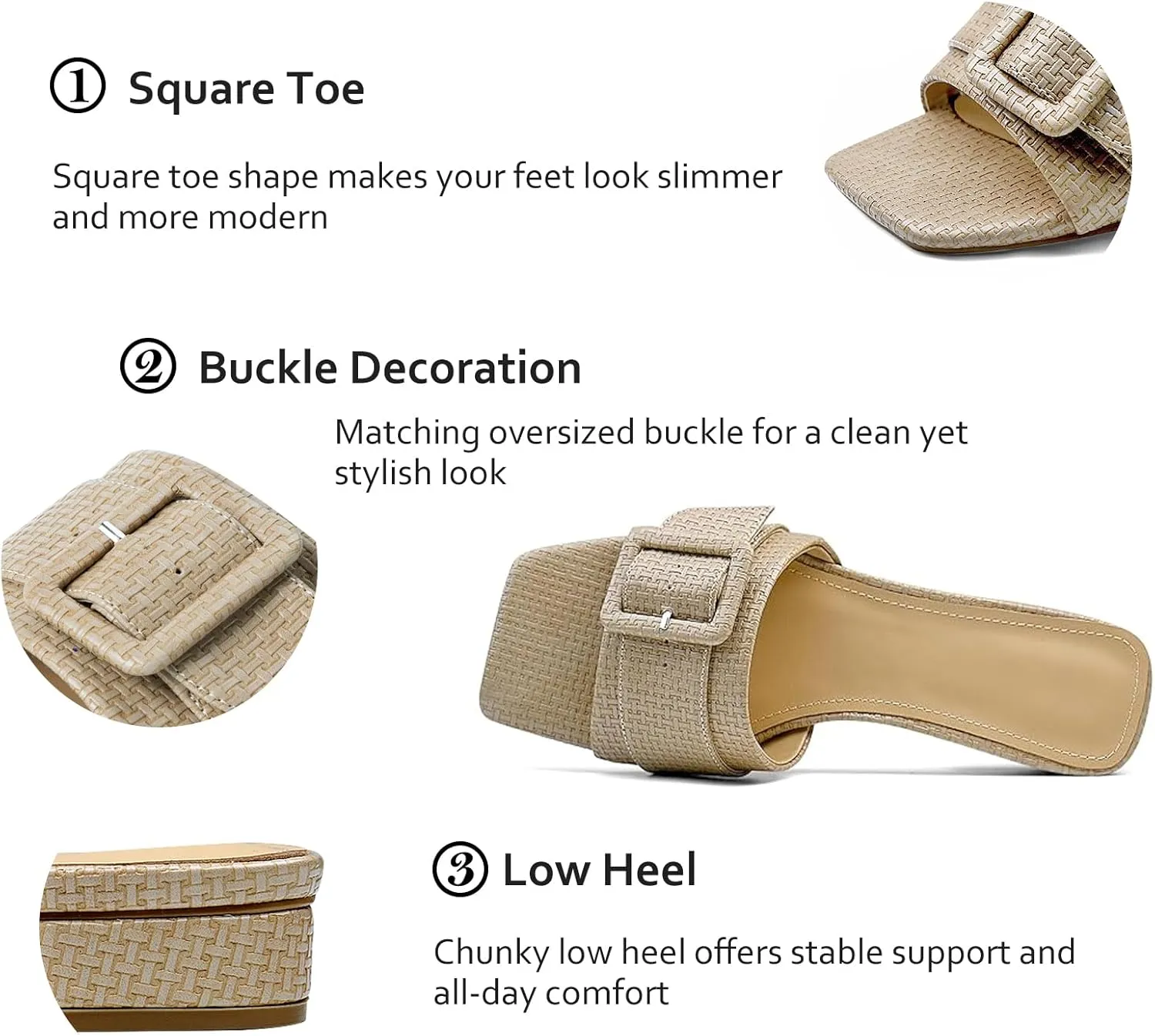 Women's Slide Heeled Sandals Opened Square Toe Chunky Block Heel Slippers with Buckle Slip on Casual Comfortable Pumps