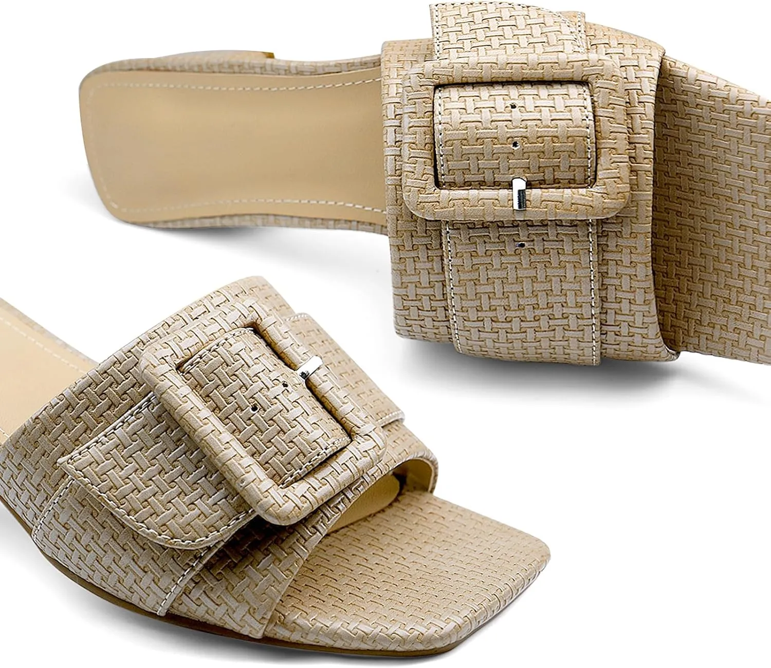 Women's Slide Heeled Sandals Opened Square Toe Chunky Block Heel Slippers with Buckle Slip on Casual Comfortable Pumps