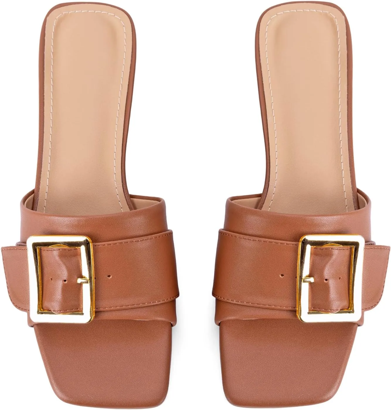 Women's Slide Heeled Sandals Opened Square Toe Chunky Block Heel Slippers with Buckle Slip on Casual Comfortable Pumps