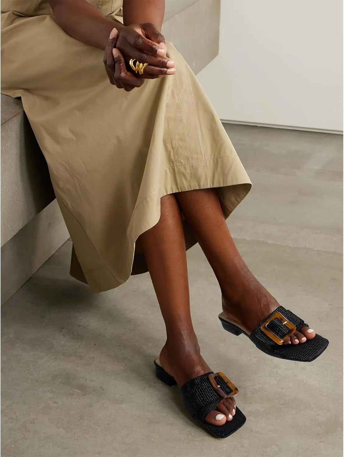 Women's Slide Heeled Sandals Opened Square Toe Chunky Block Heel Slippers with Buckle Slip on Casual Comfortable Pumps