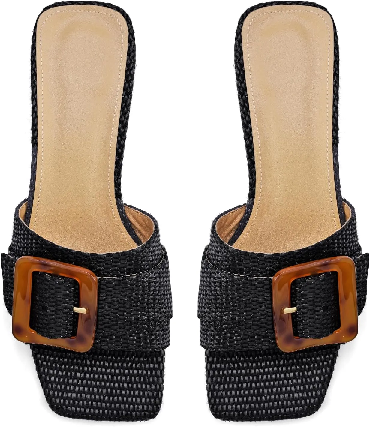 Women's Slide Heeled Sandals Opened Square Toe Chunky Block Heel Slippers with Buckle Slip on Casual Comfortable Pumps