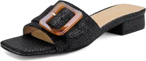 Women's Slide Heeled Sandals Opened Square Toe Chunky Block Heel Slippers with Buckle Slip on Casual Comfortable Pumps