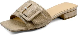 Women's Slide Heeled Sandals Opened Square Toe Chunky Block Heel Slippers with Buckle Slip on Casual Comfortable Pumps