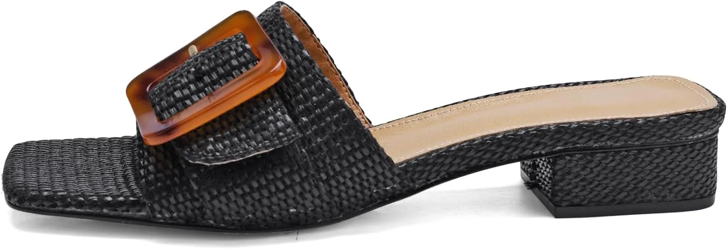 Women's Slide Heeled Sandals Opened Square Toe Chunky Block Heel Slippers with Buckle Slip on Casual Comfortable Pumps