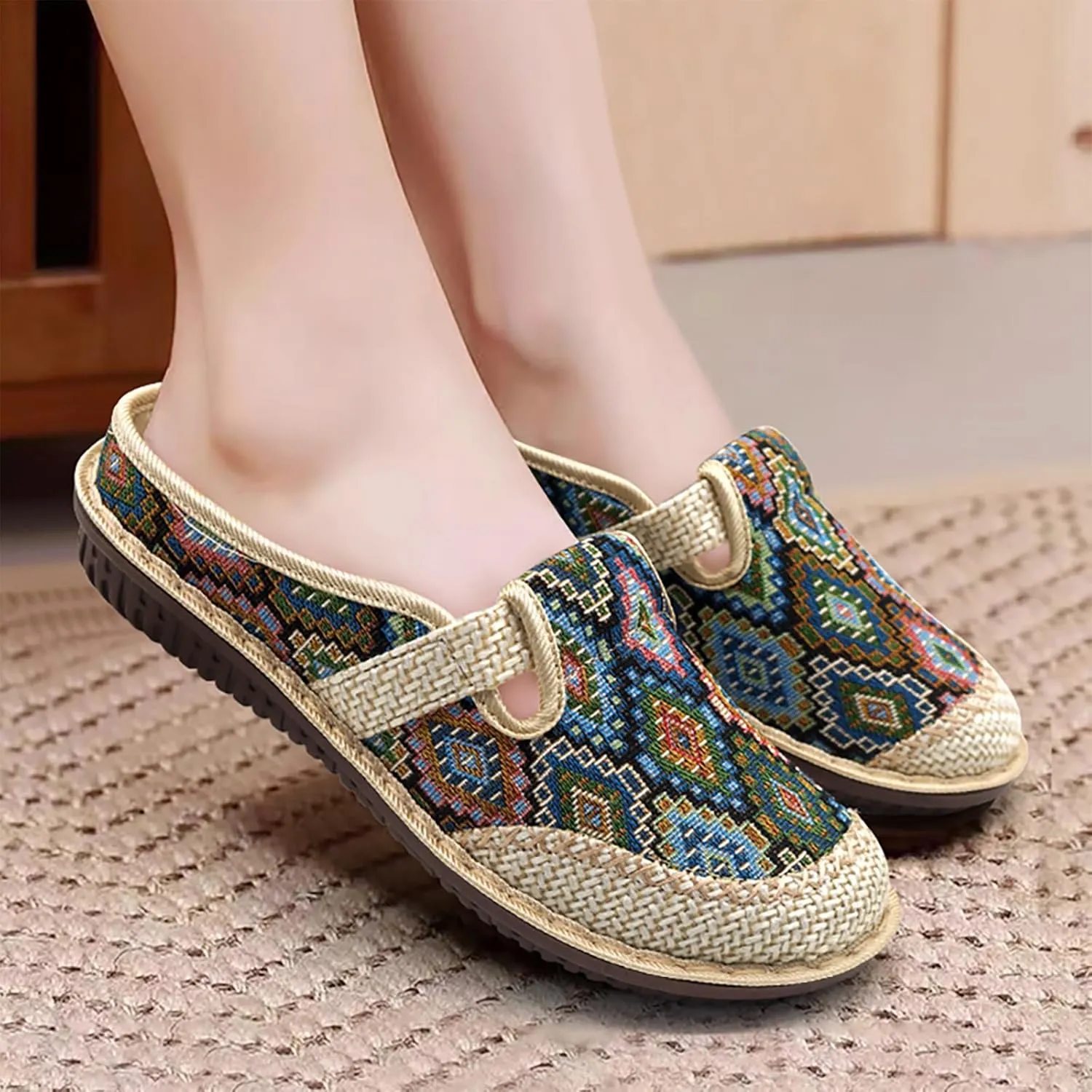 Women's Slip On Boho Closed Toe Mules, Round Toe Non-Slip Linen Cloges, Casual Slides Shoes
