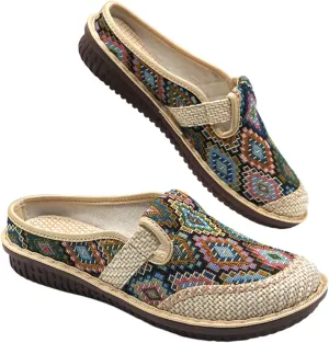 Women's Slip On Boho Closed Toe Mules, Round Toe Non-Slip Linen Cloges, Casual Slides Shoes