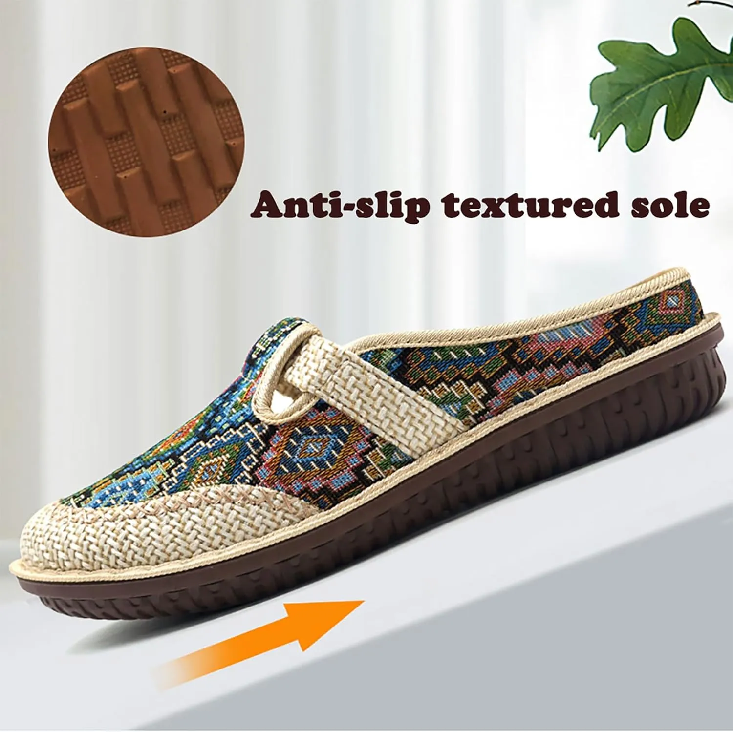 Women's Slip On Boho Closed Toe Mules, Round Toe Non-Slip Linen Cloges, Casual Slides Shoes