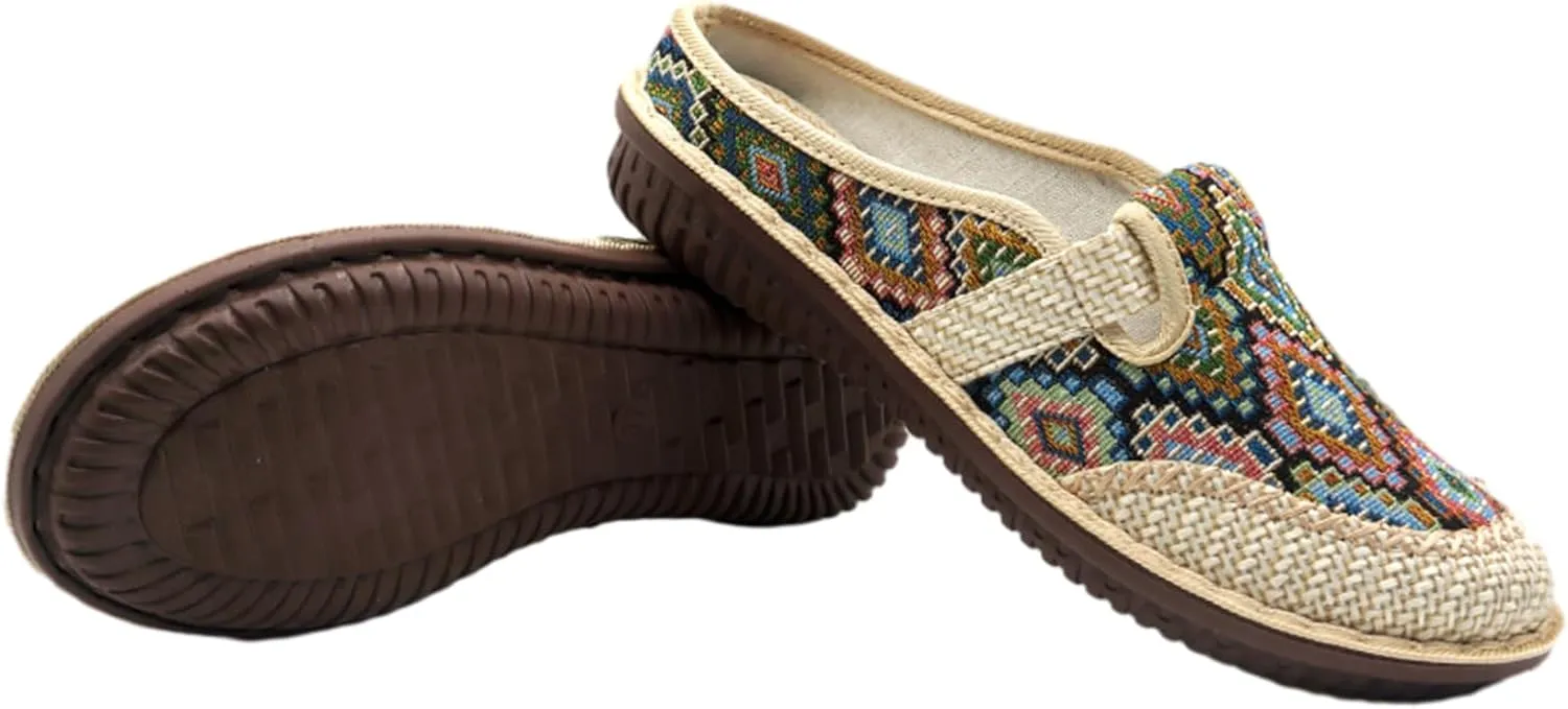 Women's Slip On Boho Closed Toe Mules, Round Toe Non-Slip Linen Cloges, Casual Slides Shoes