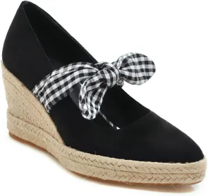 Women's Slip On Wedge Pumps Pointed Toe Faux Suede Stylish Bowknot Espadrille Platform Dress Shoes