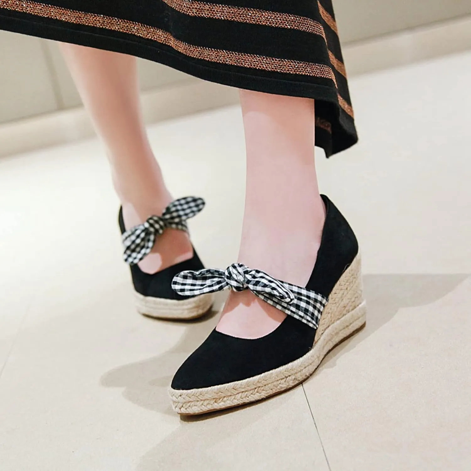Women's Slip On Wedge Pumps Pointed Toe Faux Suede Stylish Bowknot Espadrille Platform Dress Shoes