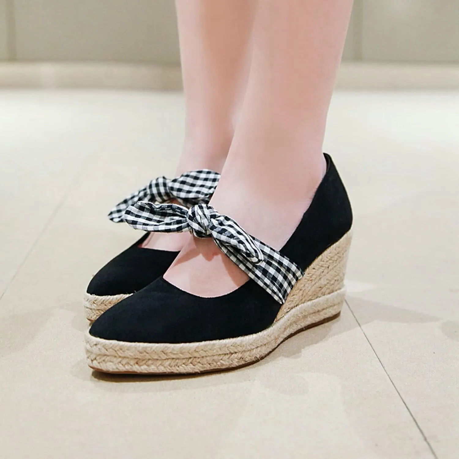 Women's Slip On Wedge Pumps Pointed Toe Faux Suede Stylish Bowknot Espadrille Platform Dress Shoes