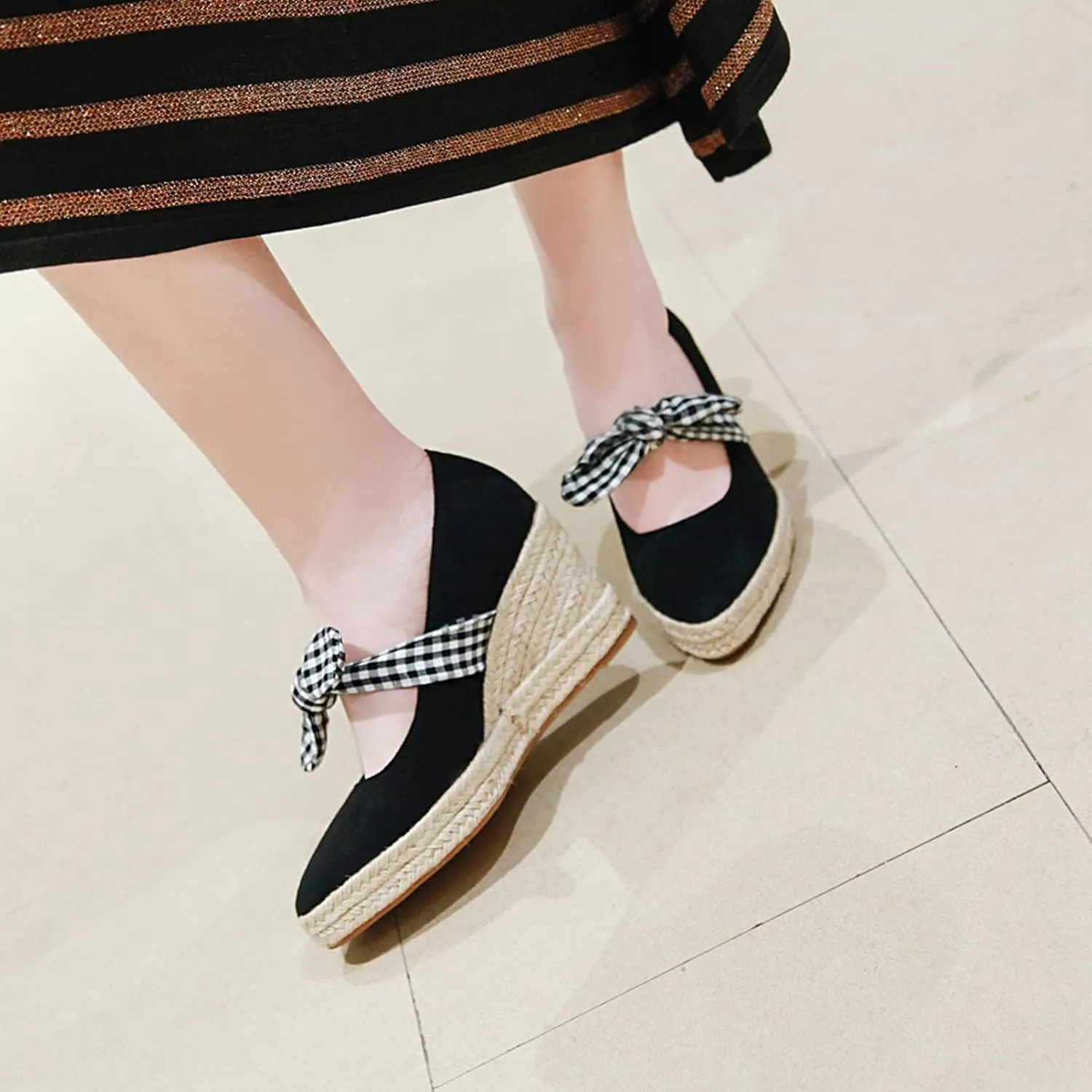 Women's Slip On Wedge Pumps Pointed Toe Faux Suede Stylish Bowknot Espadrille Platform Dress Shoes
