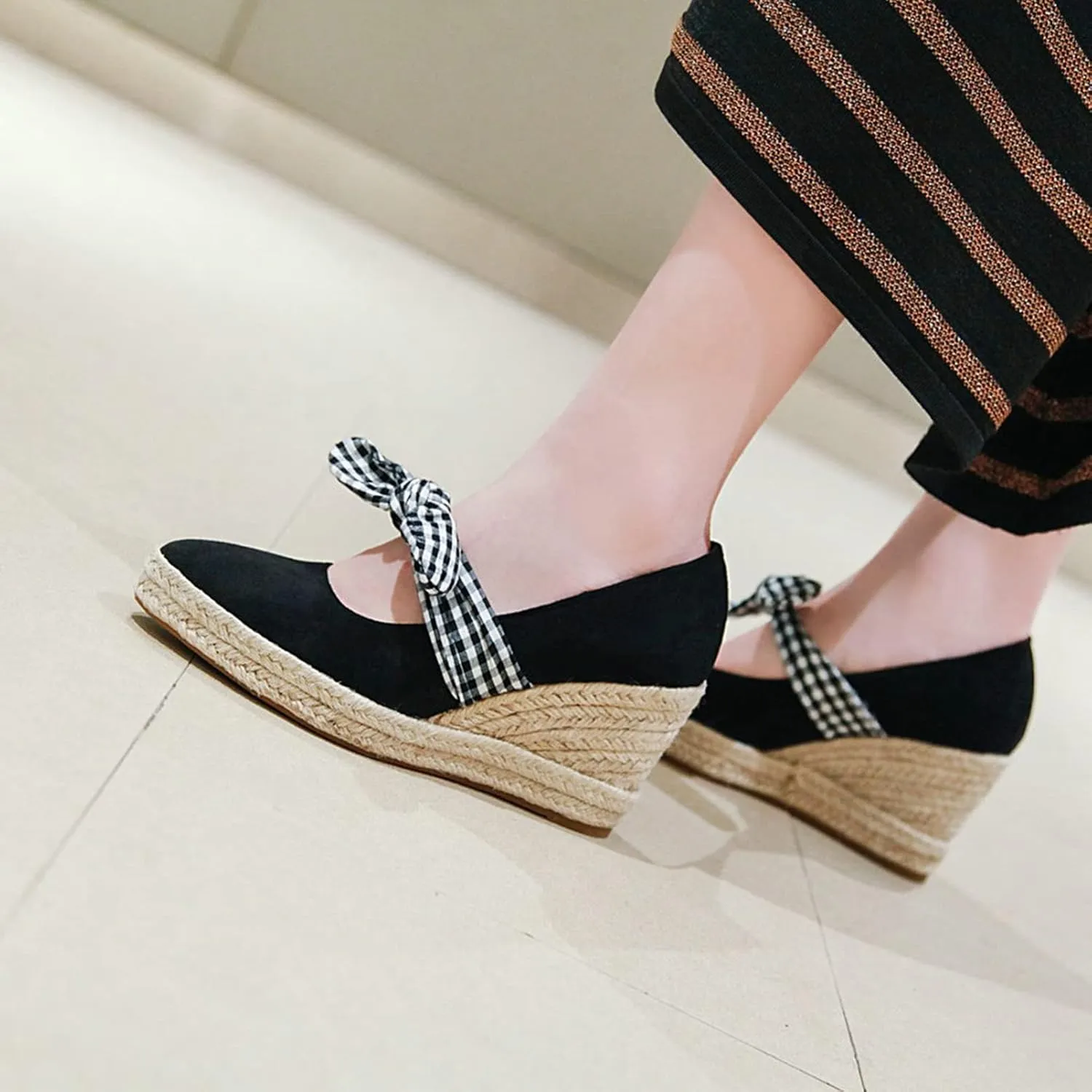 Women's Slip On Wedge Pumps Pointed Toe Faux Suede Stylish Bowknot Espadrille Platform Dress Shoes