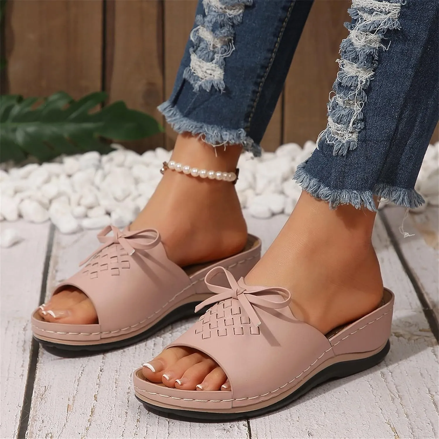 Women's Slip-On Wedge Sandals Chic Bow Orthopedic Sandals Lightweight Comfortable Open Toe Slippers Summer Beach Slip-On Shoes Soft Insole & Anti-Slip Sole Boho Slingback Sandal