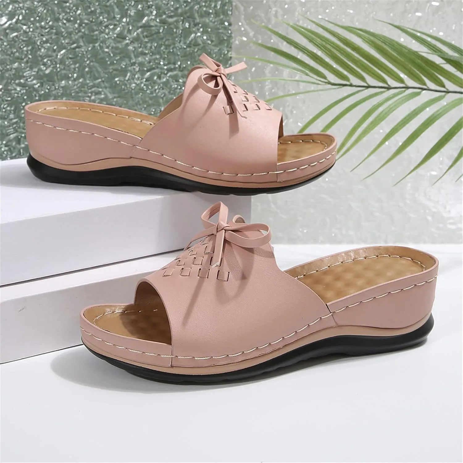 Women's Slip-On Wedge Sandals Chic Bow Orthopedic Sandals Lightweight Comfortable Open Toe Slippers Summer Beach Slip-On Shoes Soft Insole & Anti-Slip Sole Boho Slingback Sandal