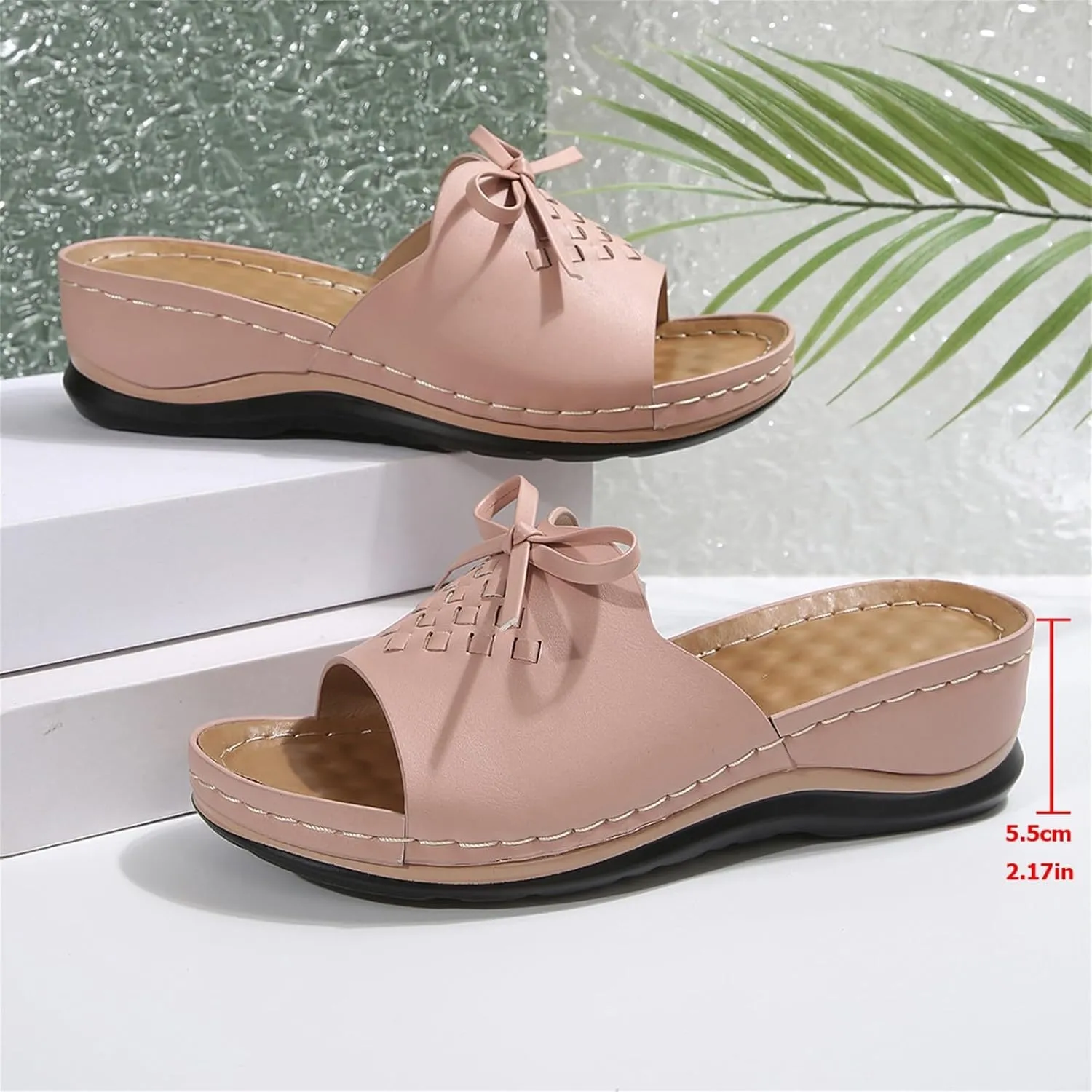 Women's Slip-On Wedge Sandals Chic Bow Orthopedic Sandals Lightweight Comfortable Open Toe Slippers Summer Beach Slip-On Shoes Soft Insole & Anti-Slip Sole Boho Slingback Sandal