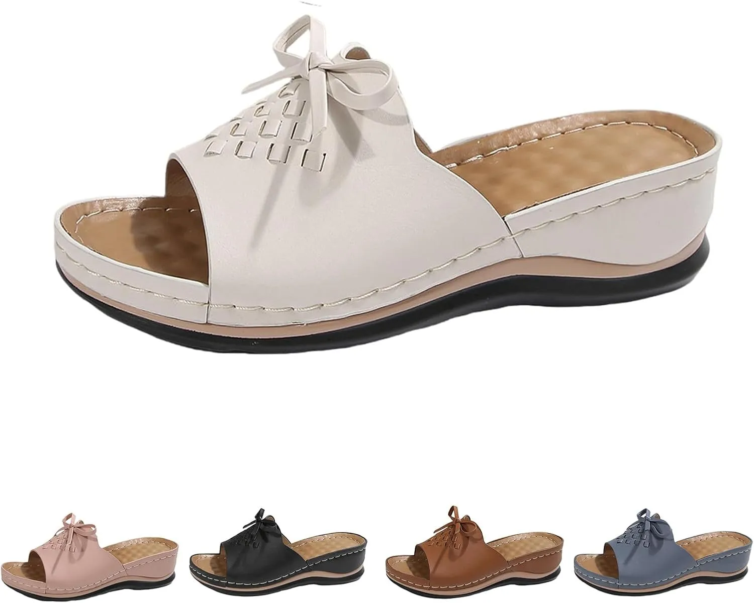 Women's Slip-On Wedge Sandals Chic Bow Orthopedic Sandals Lightweight Comfortable Open Toe Slippers Summer Beach Slip-On Shoes Soft Insole & Anti-Slip Sole Boho Slingback Sandal