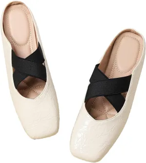 Women's Square Toe Cross Elastic Ties Flat Mules Retro Leather Closed Toe Comfortable Memory Foam Mary Jane Flats Slip On Work Casual Walking Shoes Slippers