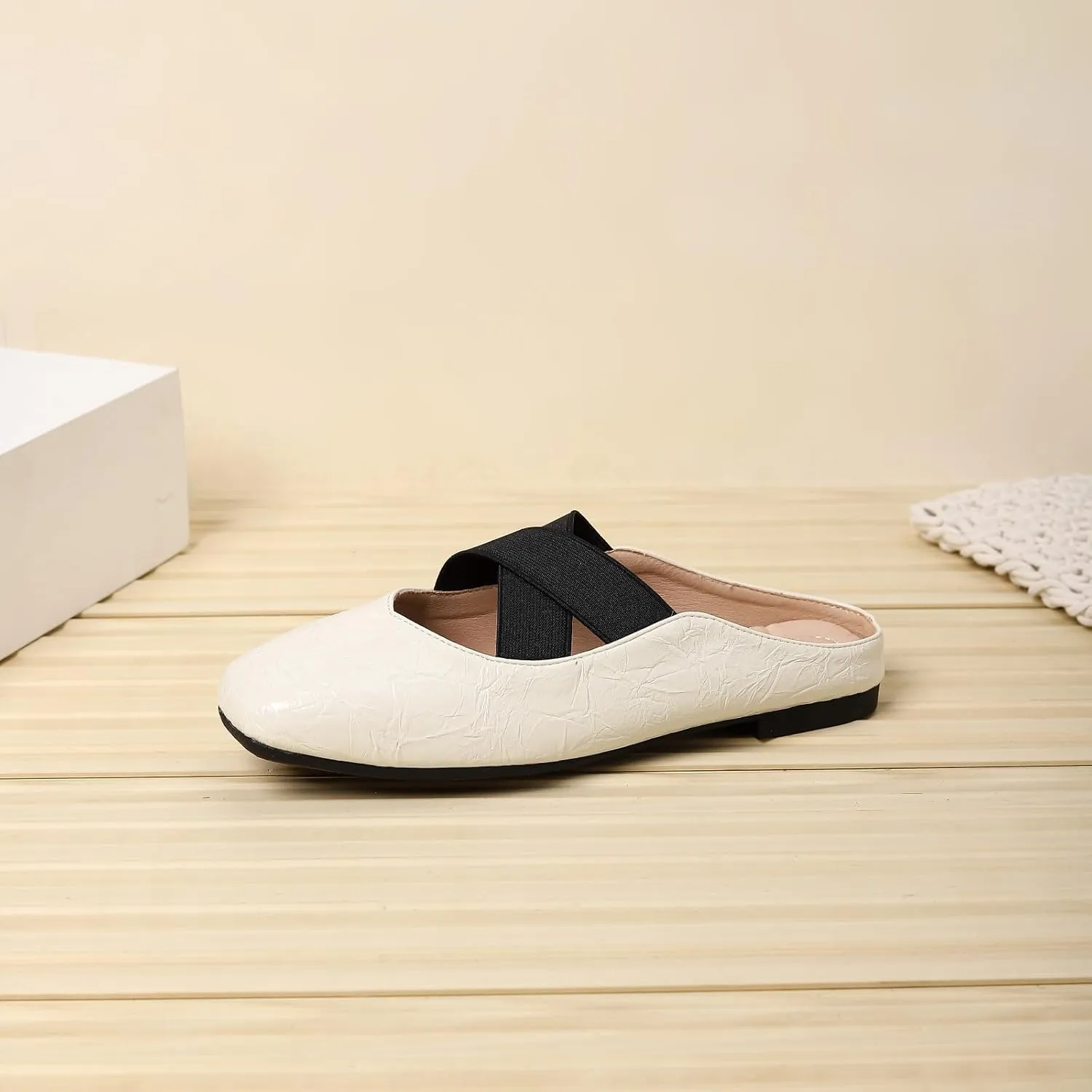 Women's Square Toe Cross Elastic Ties Flat Mules Retro Leather Closed Toe Comfortable Memory Foam Mary Jane Flats Slip On Work Casual Walking Shoes Slippers