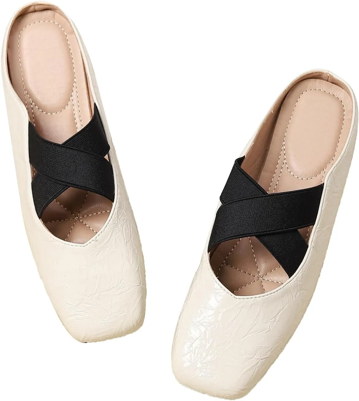 Women's Square Toe Cross Elastic Ties Flat Mules Retro Leather Closed Toe Comfortable Memory Foam Mary Jane Flats Slip On Work Casual Walking Shoes Slippers