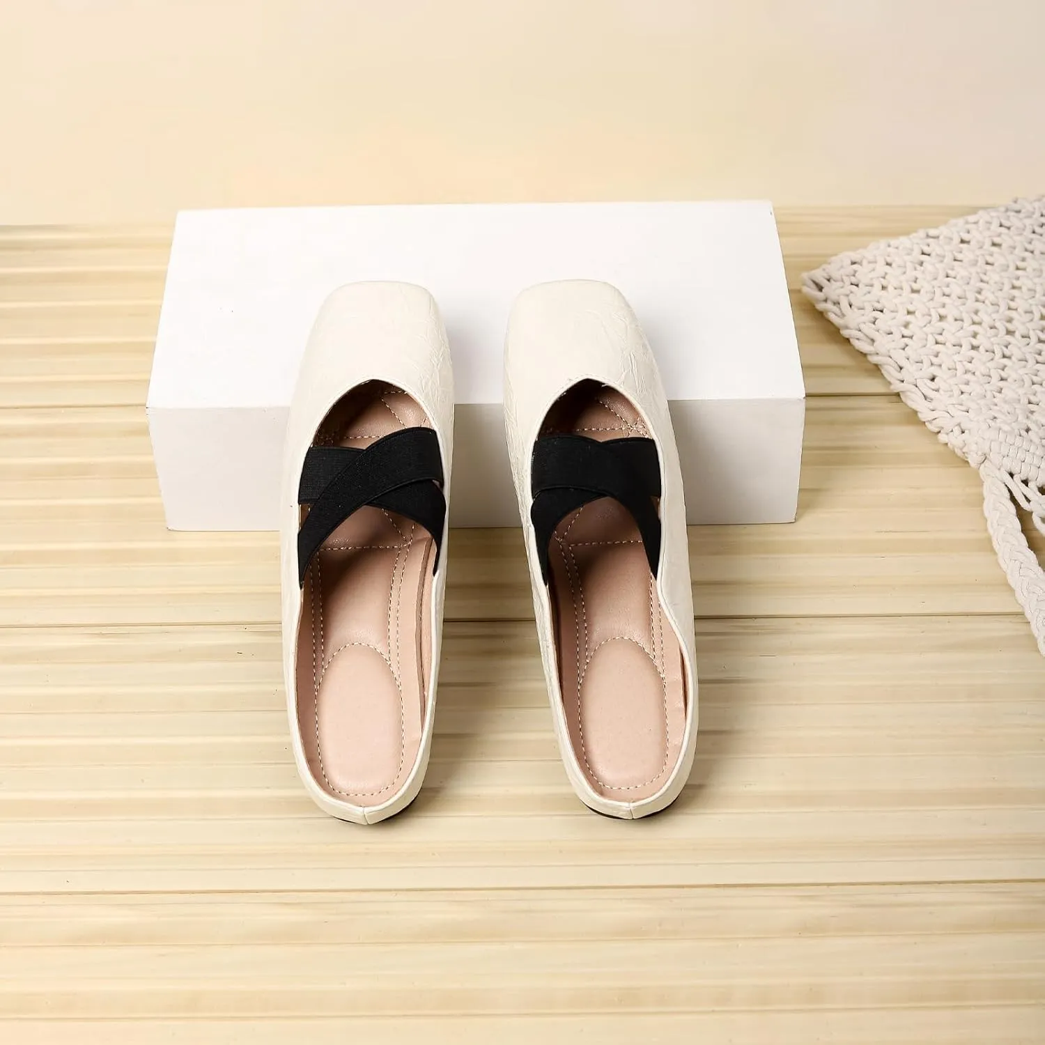 Women's Square Toe Cross Elastic Ties Flat Mules Retro Leather Closed Toe Comfortable Memory Foam Mary Jane Flats Slip On Work Casual Walking Shoes Slippers