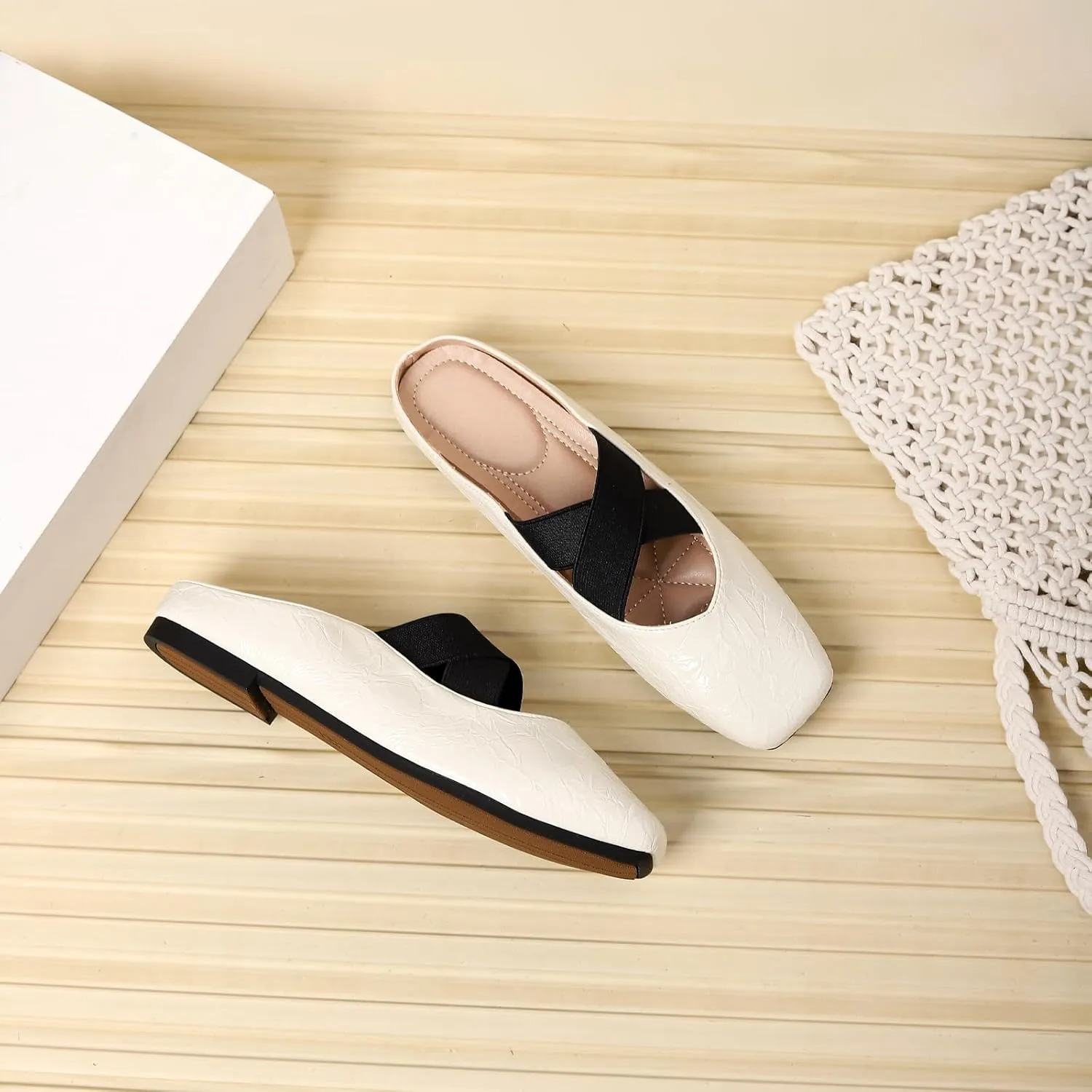 Women's Square Toe Cross Elastic Ties Flat Mules Retro Leather Closed Toe Comfortable Memory Foam Mary Jane Flats Slip On Work Casual Walking Shoes Slippers