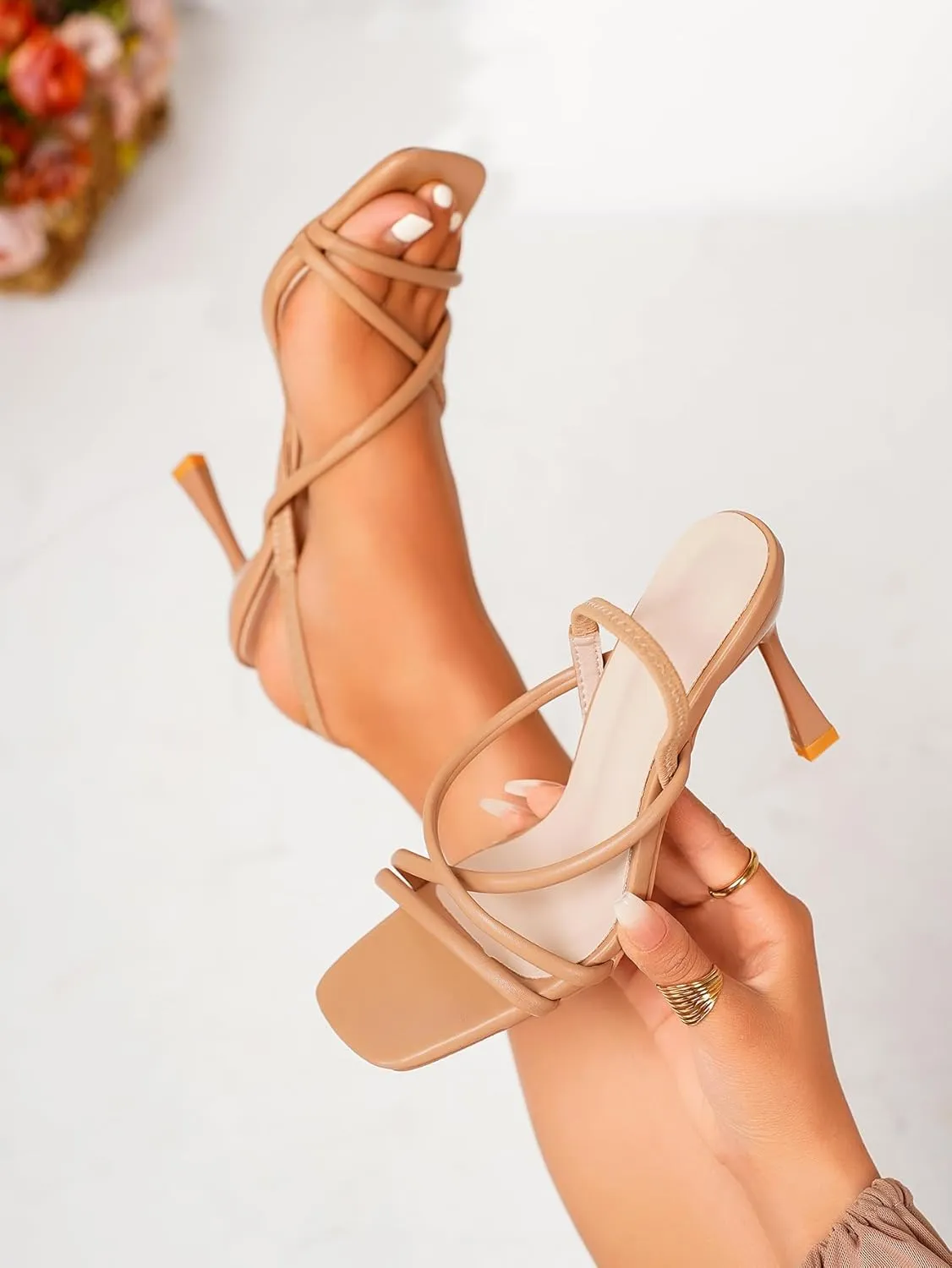 Women’s Strappy High-Heel Sandals – Square-Toe Design with Orange Heel Accent & Back Strap – Elegant Dress Shoes for Dinners, Parties & Formal Occasions