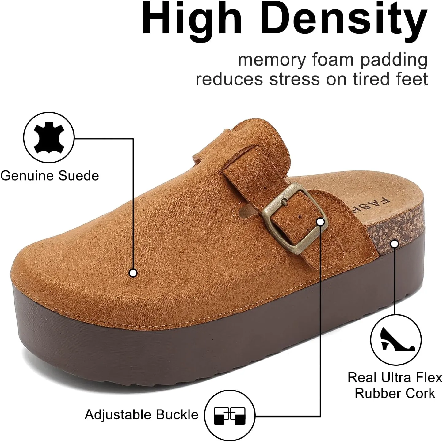 Women's Suede Clogs Leather Platform Mules Cork Footbed Sandals Comfort Potato Shoes with Arch Support Adjustable Buckle Slip On Slippers Brown