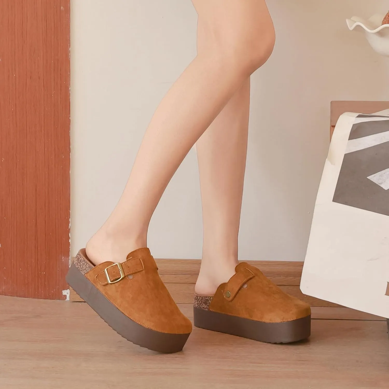 Women's Suede Clogs Leather Platform Mules Cork Footbed Sandals Comfort Potato Shoes with Arch Support Adjustable Buckle Slip On Slippers Brown