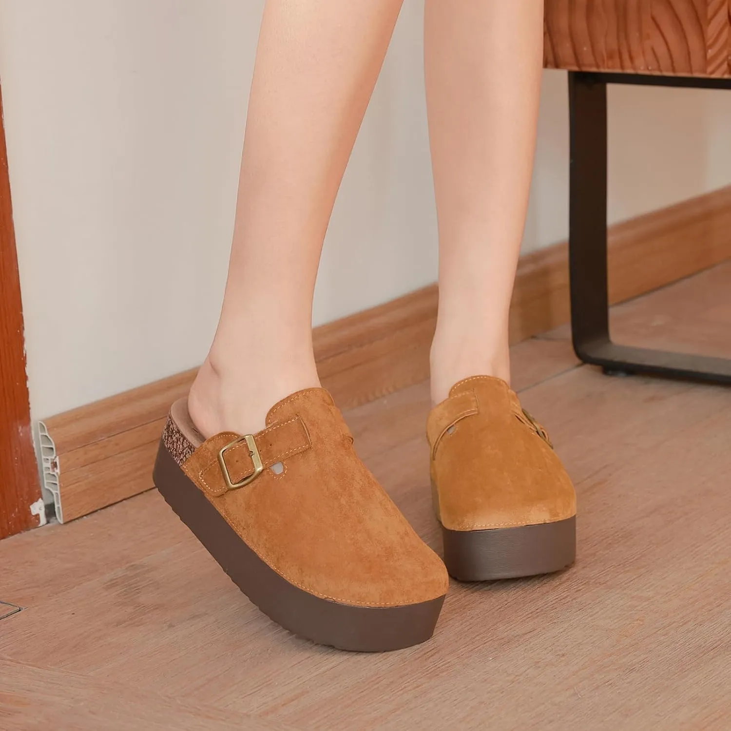 Women's Suede Clogs Leather Platform Mules Cork Footbed Sandals Comfort Potato Shoes with Arch Support Adjustable Buckle Slip On Slippers Brown