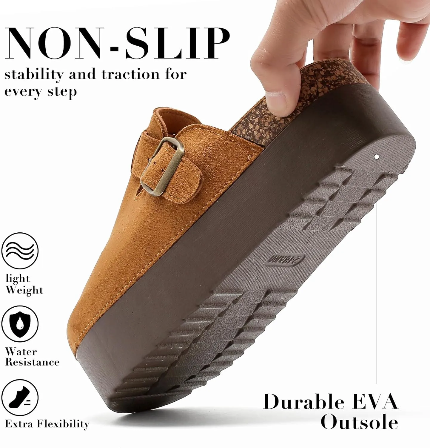 Women's Suede Clogs Leather Platform Mules Cork Footbed Sandals Comfort Potato Shoes with Arch Support Adjustable Buckle Slip On Slippers Brown