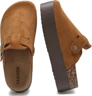 Women's Suede Clogs Leather Platform Mules Cork Footbed Sandals Comfort Potato Shoes with Arch Support Adjustable Buckle Slip On Slippers Brown
