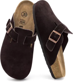 Women's Suede Clogs Men's Slip-On Mules Non-Slip Potato Shoes Arch Support Sandals with Adjustable Buckle for Indoor & Outdoor Use