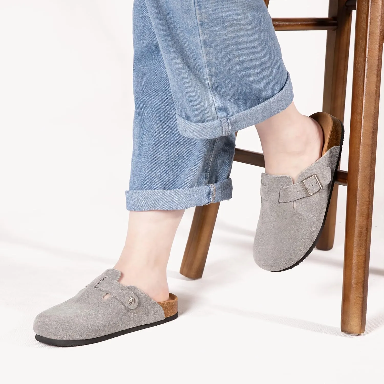 Women's Suede Clogs Men's Slip-On Mules Non-Slip Potato Shoes Arch Support Sandals with Adjustable Buckle for Indoor & Outdoor Use