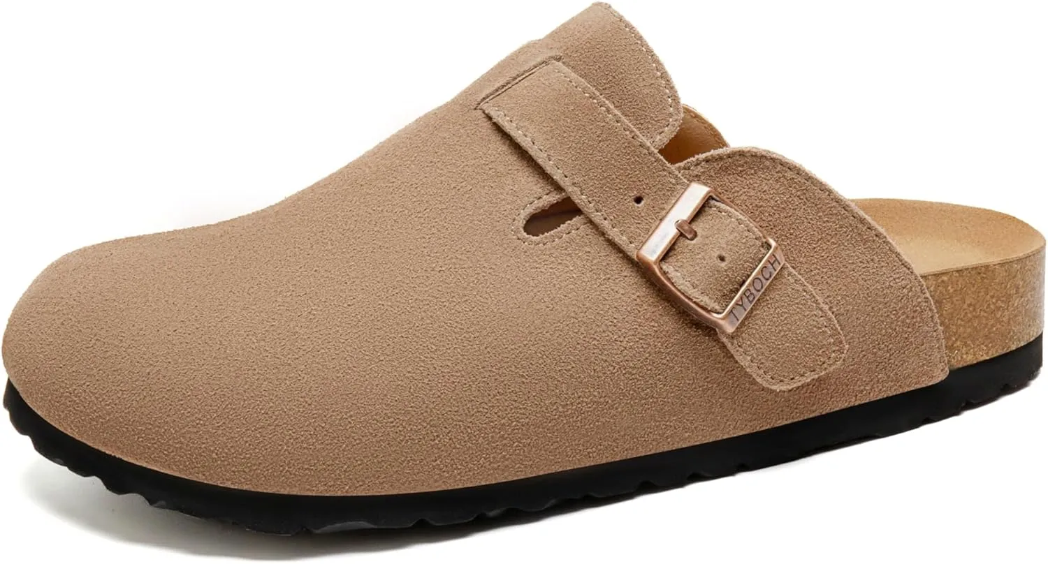 Women's Suede Clogs Soft Leather Mules Adjustable Buckle Cork Footbed Potato Shoes with Arch Support