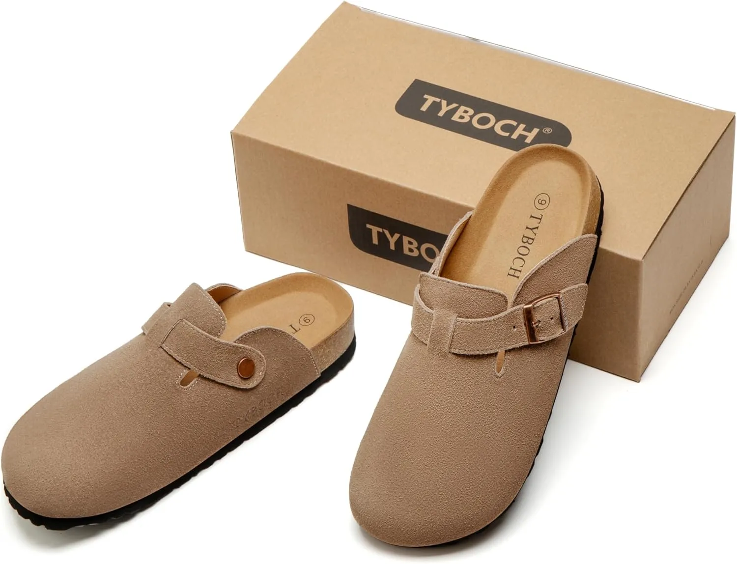 Women's Suede Clogs Soft Leather Mules Adjustable Buckle Cork Footbed Potato Shoes with Arch Support