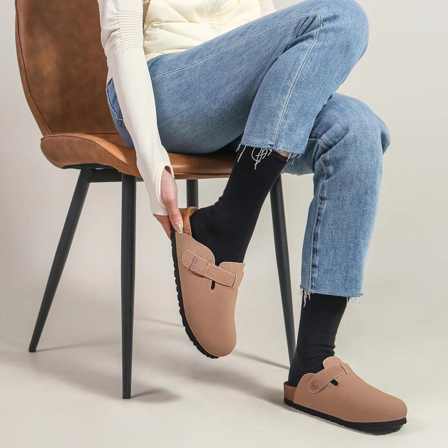 Women's Suede Clogs Soft Leather Mules Adjustable Buckle Cork Footbed Potato Shoes with Arch Support