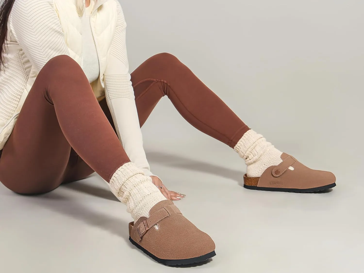Women's Suede Clogs Soft Leather Mules Adjustable Buckle Cork Footbed Potato Shoes with Arch Support
