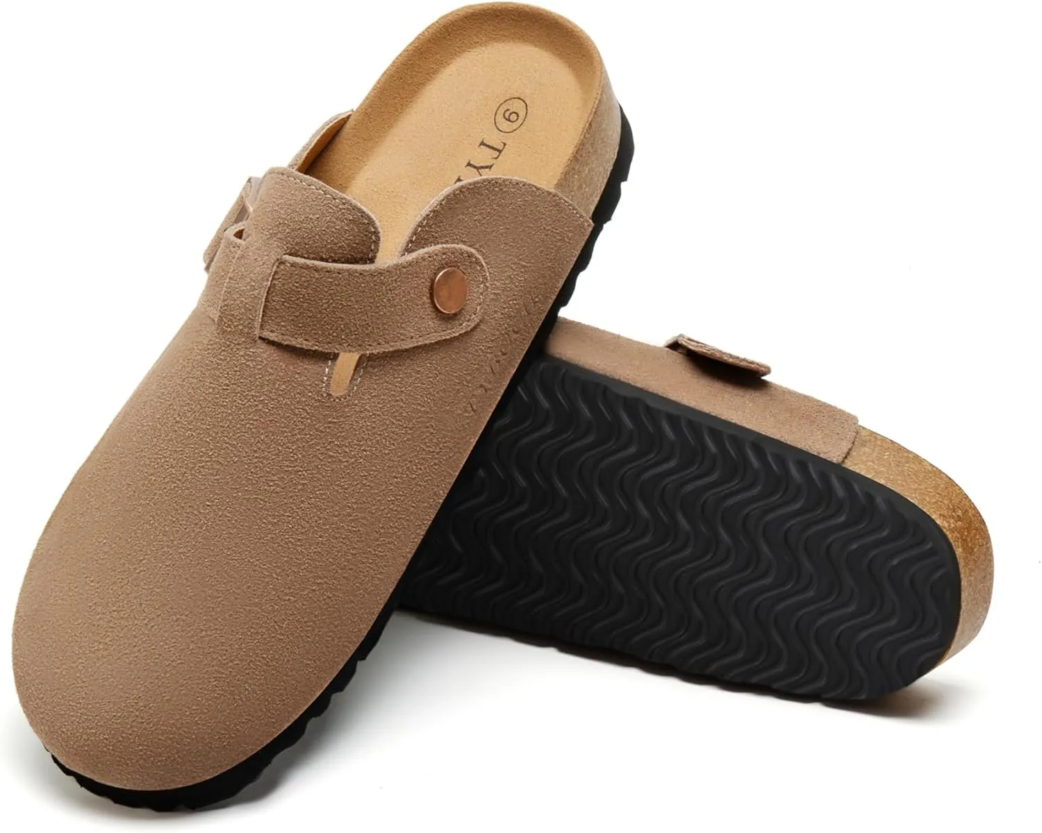 Women's Suede Clogs Soft Leather Mules Adjustable Buckle Cork Footbed Potato Shoes with Arch Support