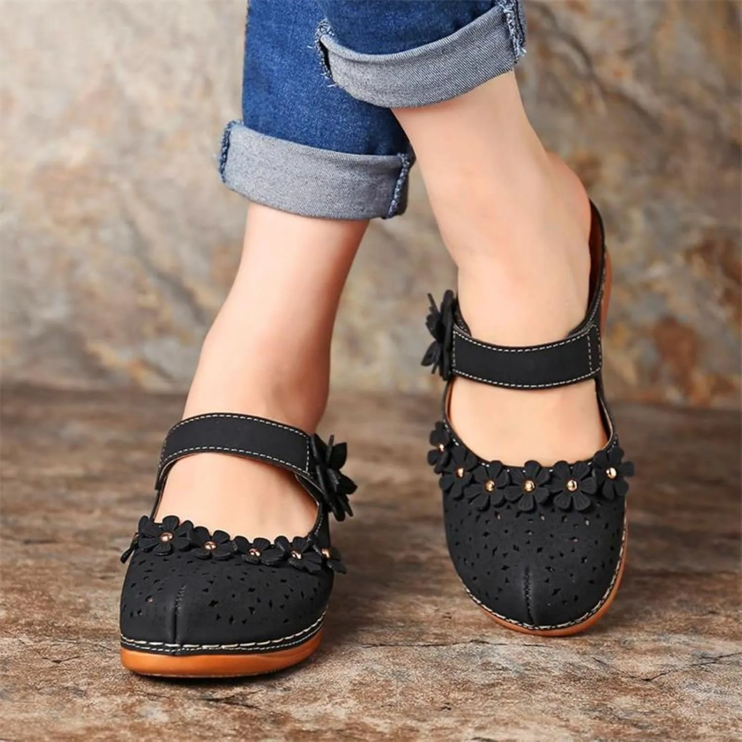 Womens Summer Slipper PU Leather Comfort Mules Outdoor Beach Shoes Vintage Antil Slip Wedge Flowers Sandals Clogs SandalsWidth Mesh Slippers Breathable Walking Sneakers Slip-On Back Mule